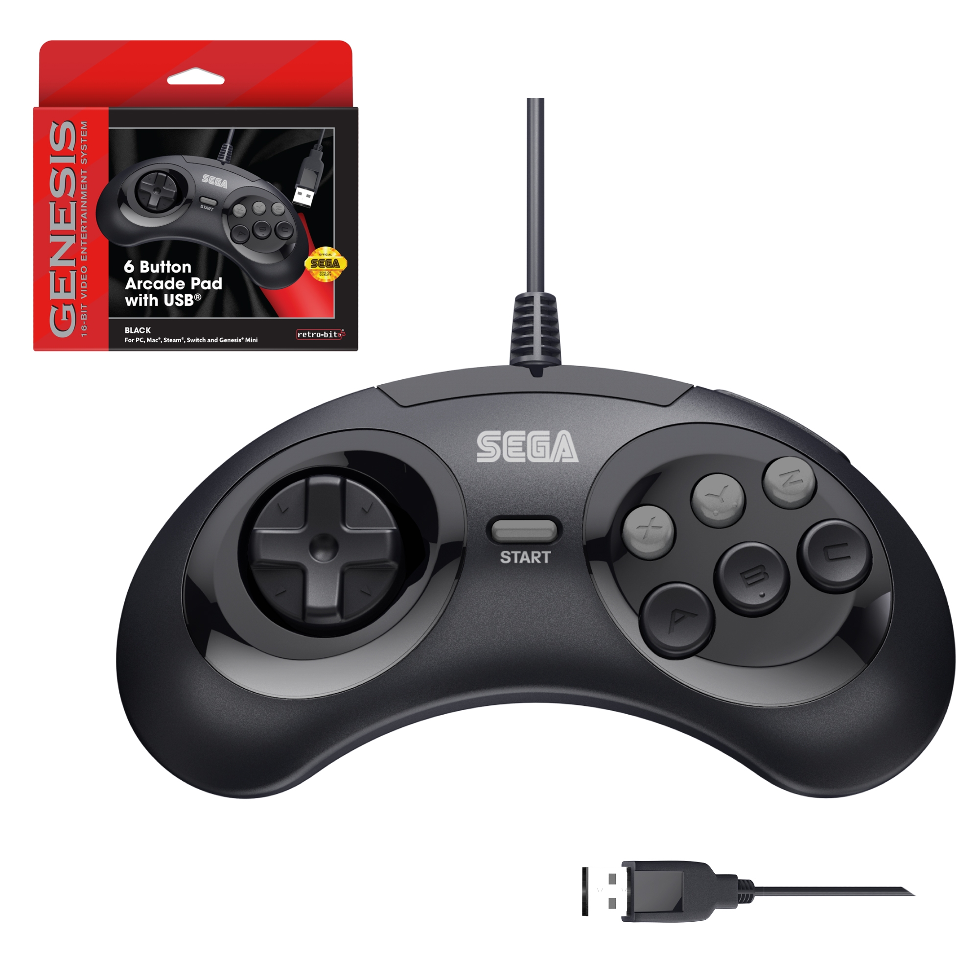 SEGA Genesis Mini 6 Button USB Arcade Pad - Black
