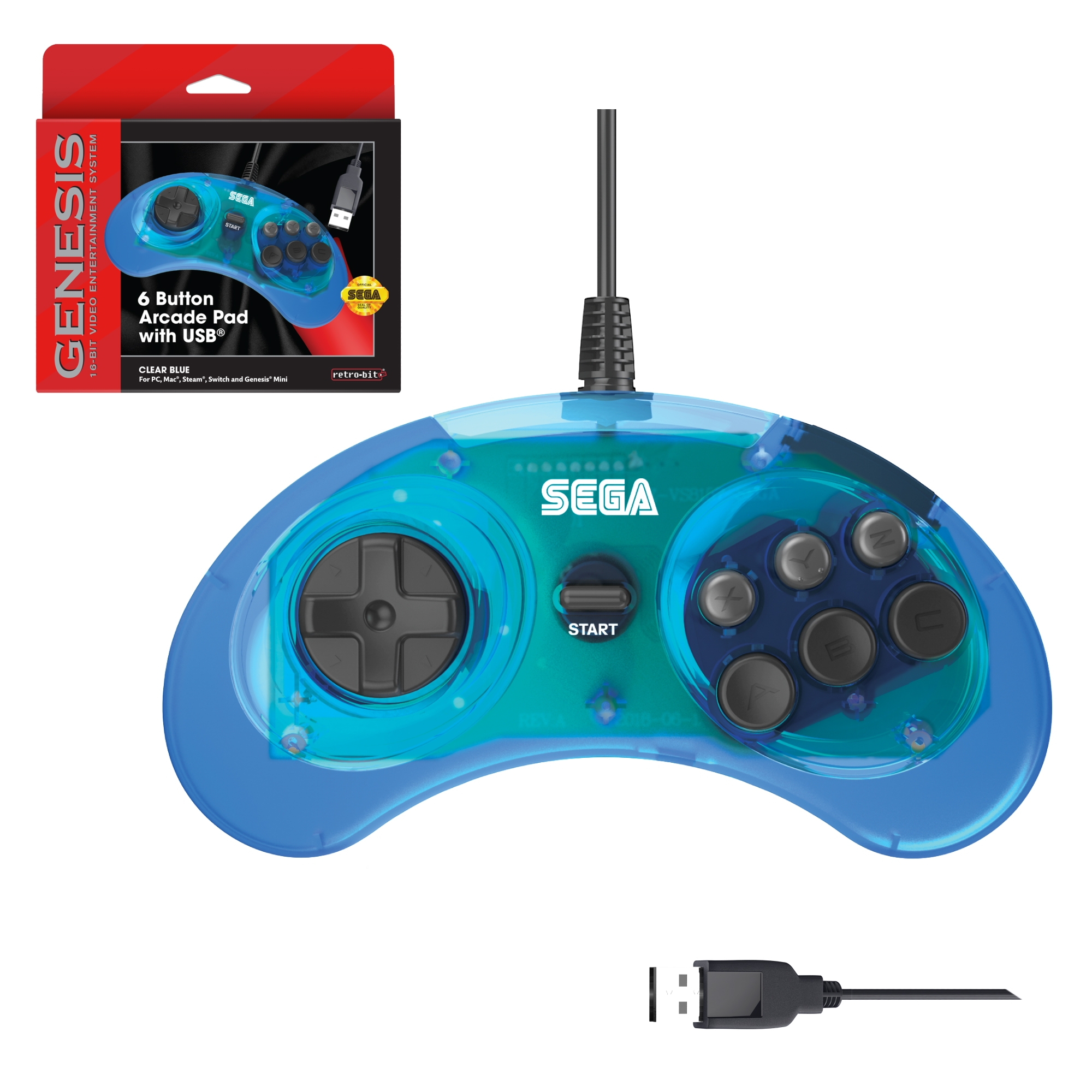 SEGA Genesis Mini 6 Button USB Arcade Pad - Clear Blue